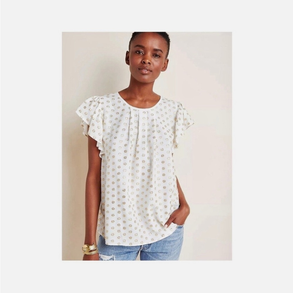 Anthropologie AMADI Ivory Gold Polka Dot Blouse